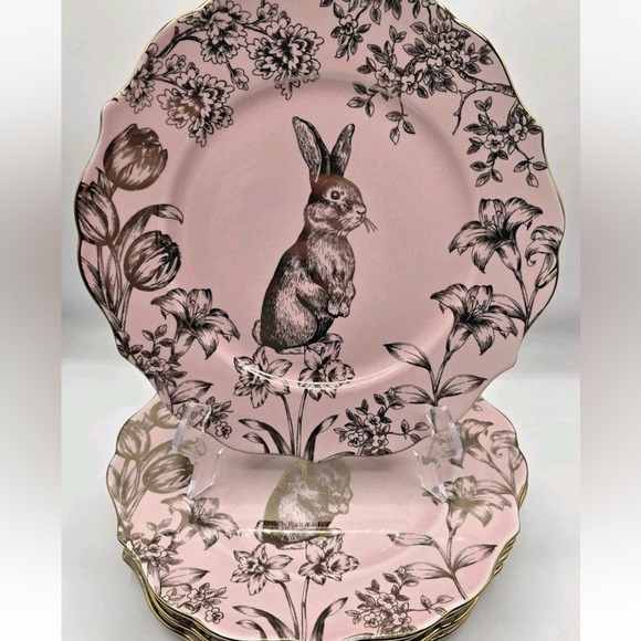 222 Fifth Other - 222 FIFTH EASTER BUNNY RABBIT SCALLOPED PINK 2 DINNER PLATES Tulips New